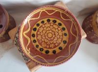 One-of-a-Kind Redware 7 in. Plate with Slip Motif, Food Safe, Antiqued
