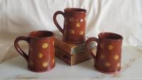 Handmade Redware Mugs (3) with Yellow Dots