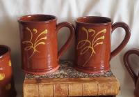 Handmade Redware Mugs (2) with Feather Pattern