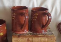 Handmade Redware Mugs (2) with Feather Pattern