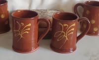 Handmade Redware Mugs (2) with Feather Pattern