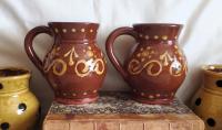 Redware Mugs (2) with Slip Pattern, Handmade