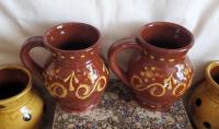 Redware Mugs (2) with Slip Pattern, Handmade
