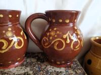 Redware Mugs (2) with Slip Pattern, Handmade