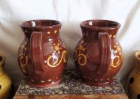 Redware Mugs (2) with Slip Pattern, Handmade