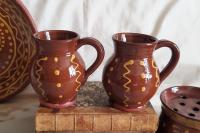 Redware Mugs (2) with Squiggles and Dots Pattern, Handmade