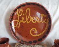 Redware 11 in. Plate, One-of-a-Kind "Liberty" Slip Motif, Antiqued