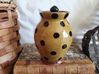 Redware 5 in Storage Jar with Black Dots and Acorn Finial