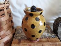 Redware 5 in Storage Jar with Black Dots and Acorn Finial