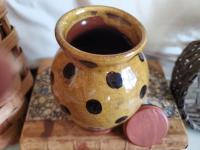 Redware 5 in Storage Jar with Black Dots and Acorn Finial