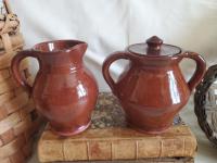 Sugar and Creamer Set with Feather Pattern, Antiqued