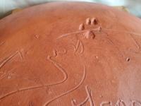 Unique Whimsical Cat Motif Slip Trailed Redware Charger