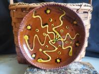 Redware 7 in. Plate, One-of-a-Kind with Slip Motif, Food Safe, Antiqued