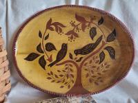 Redware Oval Platter, Birds Eating Berries Motif, Kulina Folk Art