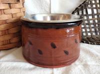 Large Redware Pet Food Bowl with Stainless Steel Insert, Black Splotches