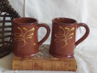 Set of Redware Mugs (2) with Feather Pattern, Hand-Made