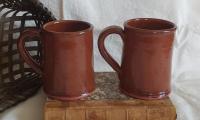 Set of Redware Mugs (2) with Feather Pattern, Hand-Made