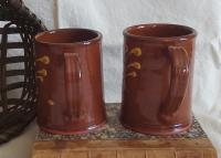Set of Redware Mugs (2) with Feather Pattern, Hand-Made