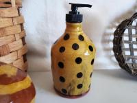 Redware Soap or Lotion Dispenser Bottle with Black Dots