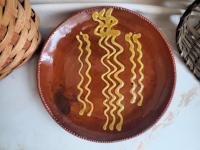 Redware 11 in. Plate, One-of-a-Kind Slip Motif, Food Safe, Antiqued