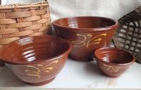 Redware Nesting Bowls (3), Feather Motif, Glazed and Antiqued Finish
