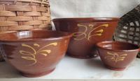 Redware Nesting Bowls (3), Feather Motif, Glazed and Antiqued Finish