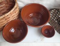 Redware Nesting Bowls (3), Feather Motif, Glazed and Antiqued Finish