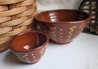 Redware Nesting Bowls (2), Squiggles and Dots Pattern, Antique Finish
