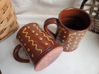 Two Slip-Decorated Redware Mugs with Squiggles and Dots Pattern (a)