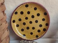 Redware 7 in. Plate Black Dots Decoration, Antiqued (c)