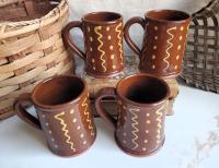 Slip-Decorated Redware (4) Mugs with Squiggles and Dots Pattern