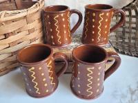 Slip-Decorated Redware (4) Mugs with Squiggles and Dots Pattern