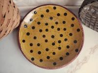 Redware 11 in. Plate Black Dots Decoration, Antiqued (b)