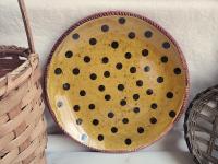 Redware 11 in. Plate Black Dots Decoration, Antiqued (b)