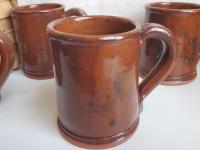 Slip-Decorated Redware (4) Mugs with Spangles