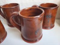 Slip-Decorated Redware (4) Mugs with Spangles
