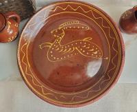 Large Redware Platter, Charger with Slip-Decorated Bunny