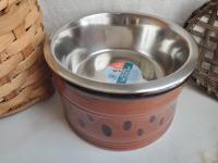 Large Redware Pet Food Bowl with Stainless Steel Insert, Black Splotches