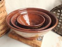 Redware Nesting Bowls (3), Various Slipware Motifs, Antique Finish