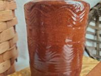 Redware Soap Dispenser, Antiqued, Incised Pattern