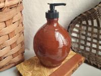 Redware Soap Dispenser, Antiqued, Incised Pattern