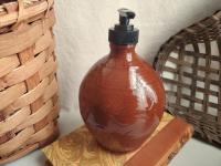 Redware Soap Dispenser, Antiqued, Incised Pattern
