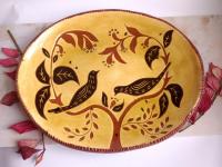 Custom Order Kulina Folk Art Redware Oval Platter, Bird Eating Berries Motif