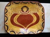 Custom Order Kulina Folk Art Redware Rectangular Platter, Angel with Wings Sgraffito Motif