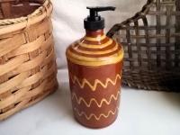 Large Redware Soap or Lotion Dispenser Bottle with Squiggles, One-of-a-Kind