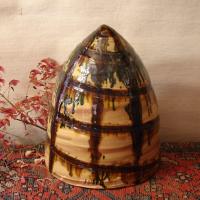 Large Redware Bee Skep with Brown and Gray Accents