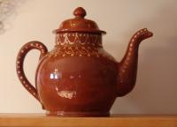 Redware Teapot with Stamped Decoration and Lead Free Glaze