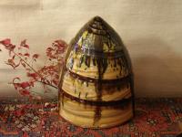 Large Redware Bee Skep with Brown Drips and Gray Accents, Pied Potter Hamelin