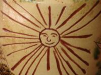 Redware 9.50 in Sgraffito Jar with Owl, Sun and Tulip Decoration