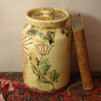 Redware 9.50 in Sgraffito Jar with Owl, Sun and Tulip Decoration